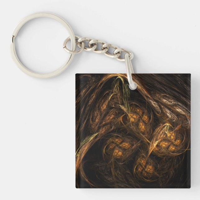 Mother Earth Modern Abstract Art Golden Fractal Key Ring (Front)