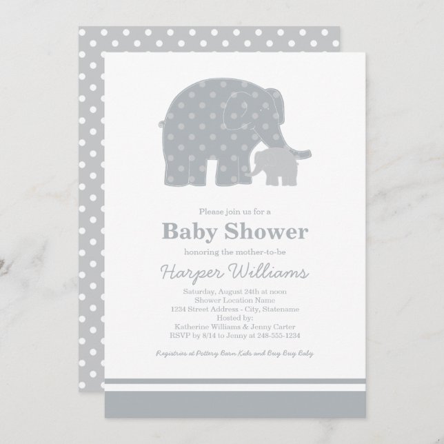 Mother Elephant Grey Dots Baby Shower Invitation (Front/Back)