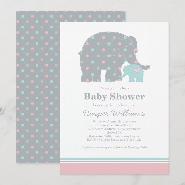 Mother Elephant Pink and Aqua Dots Baby Shower Invitation (Front/Back)