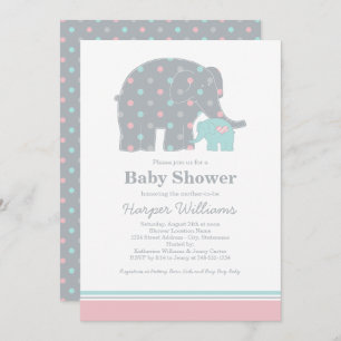 Mother Elephant Pink and Aqua Dots Baby Shower Invitation