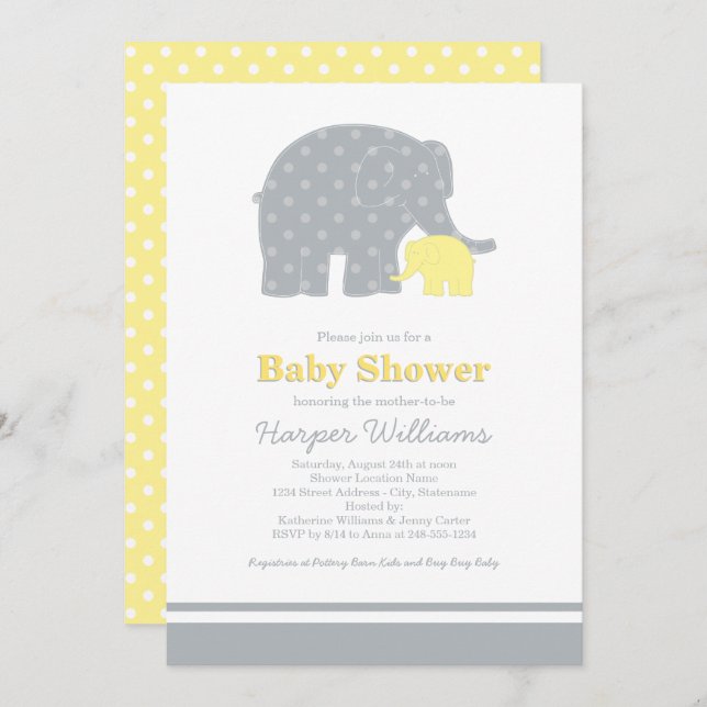 Mother Elephant Yellow Grey Dots Baby Shower Invitation (Front/Back)