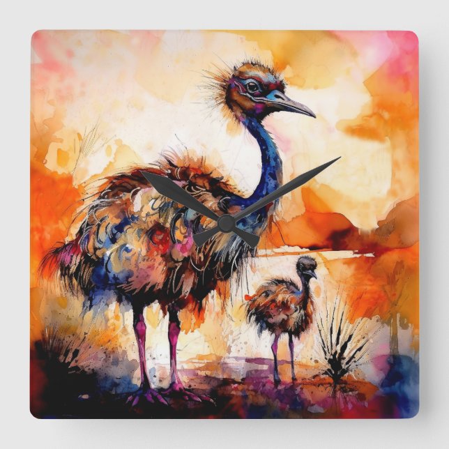 Mother Emu and Chick in Outback Australia  Square Wall Clock (Front)