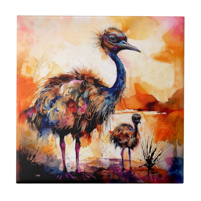 Mother Emu and Chick in Outback Australia  Tile (Front)