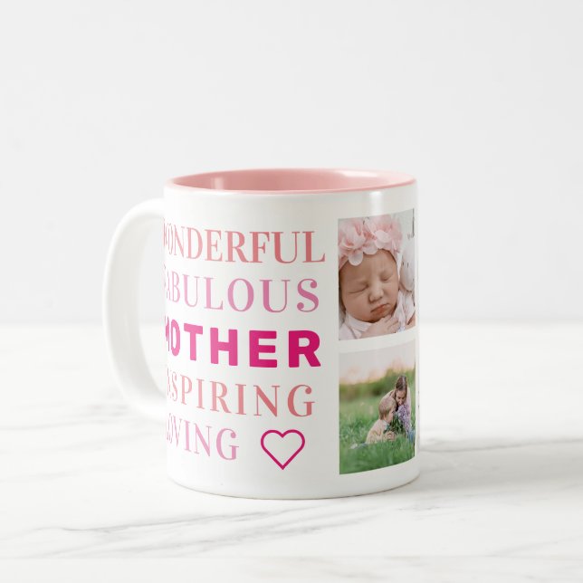 Mother Family Photo Collage Modern Typography Two-Tone Coffee Mug (Front Left)