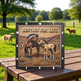 Mother Foal Horses Pasture Square Wall Clock
