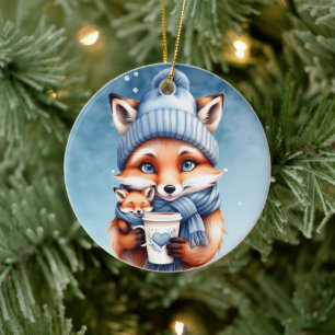 Mother Fox and Baby in Blue Hat and Scarf Coffee  Ceramic Tree Decoration