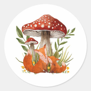 Mother Fox and Her Baby under Big Mushrooms Classic Round Sticker