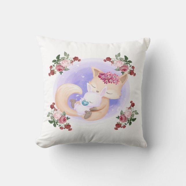 Mother Fox Hug Baby Bunny Rabbit Cushion (Front)