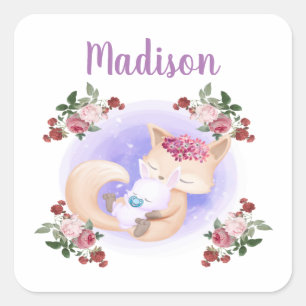 Mother Fox Hug Baby Bunny Rabbit Square Sticker