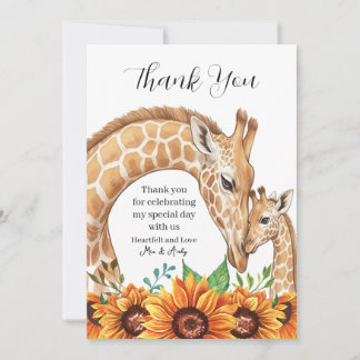 Mother Giraffe and Baby with Sunflowers Thank You Card