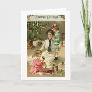 Mother, Girls and Toys At Christmas Holiday Card