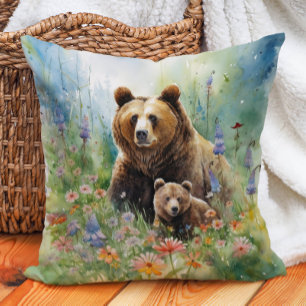 Mother Grizzly Bear Cub Flowers Painting Cushion