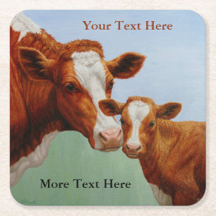 Mother Guernsey Cow and Cute Calf Square Paper Coaster