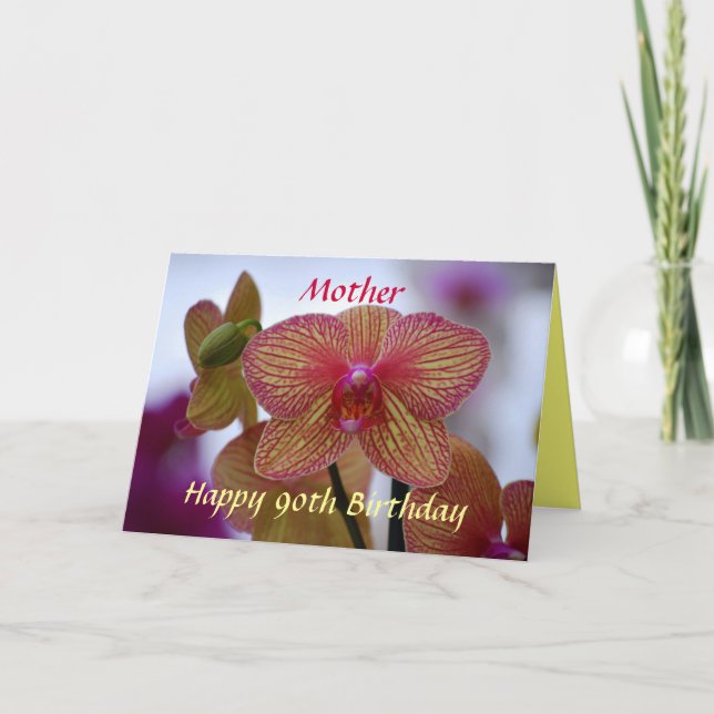Mother Happy 90th Birthday Striped Orchid Card (Front)