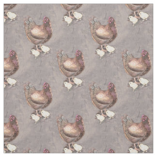 Mother Hen and Chicks Watercolor Fabric