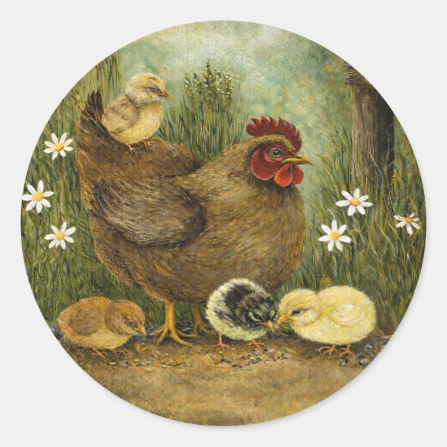 Mother Hen with Chicks Feeding on Sunflower Seeds  Classic Round Sticker (Front)