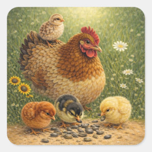 Mother Hen with Chicks Feeding on Sunflower Seeds  Square Sticker