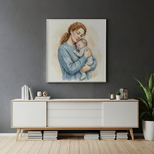 Mother Holding Sleeping Baby Watercolor Poster
