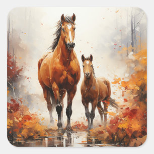 Mother Horse and Foal in Autumn Leaves Square Sticker