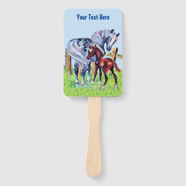 Mother Horse By Wood Fence With Baby Colt Grass Hand Fan (Front)