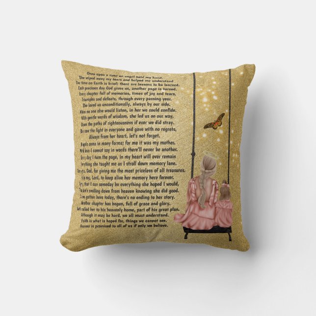Mother in heaven sitting on swing poem photo gold cushion (Front)