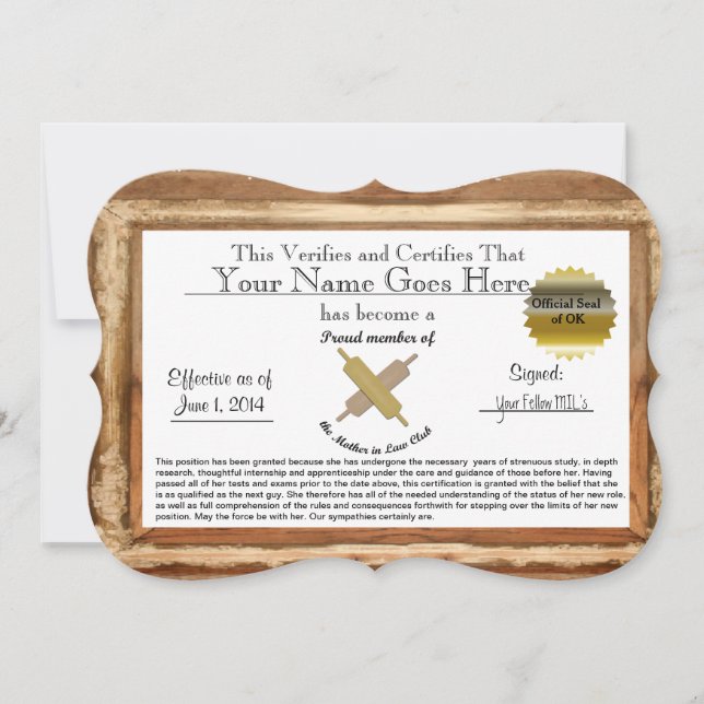 Mother in Law Certificate - humour (Front)