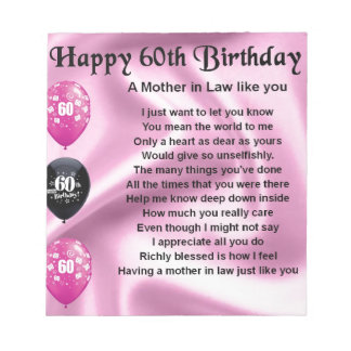 Mother in Law Poem - 60th Birthday Notepad