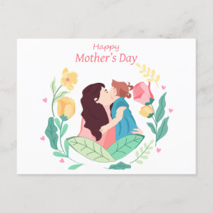 Mother kisses daughter against background of flow holiday postcard