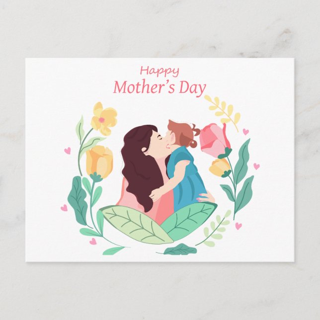 Mother  kisses daughter against background of flow holiday postcard (Front)