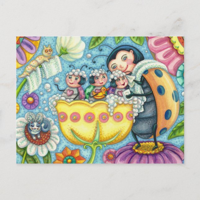 MOTHER LADYBUG & CHILDREN, TULIP BUBBLE BATH POSTCARD (Front)