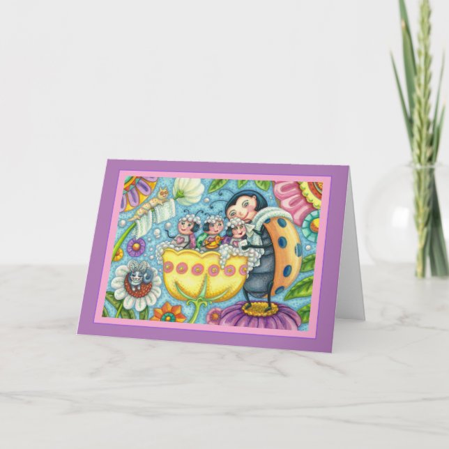 MOTHER LADYBUG & CHILDREN, TULIP TUB BUBBLE BATH H HOLIDAY CARD (Front)