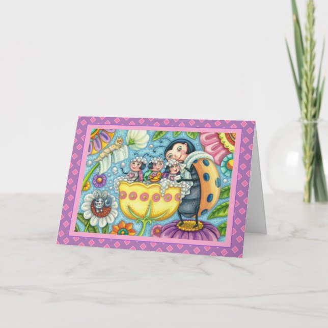 MOTHER LADYBUG & CHILDREN, TULIP TUB BUBBLE BATH HOLIDAY CARD (Front)