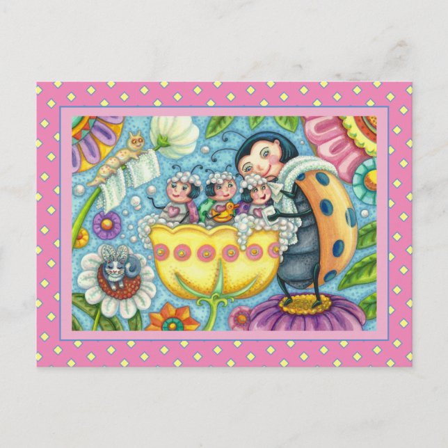 MOTHER LADYBUG & CHILDREN, TULIP TUB BUBBLE BATH HOLIDAY POSTCARD (Front)
