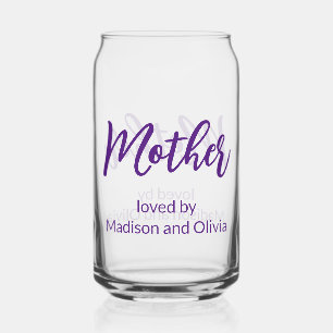 Mother Loved By Children's Names Purple Script Can Glass