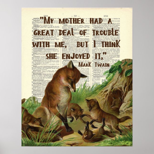Mother Mark Twain Fox Art Antique Dictionary Pages Poster (Front)