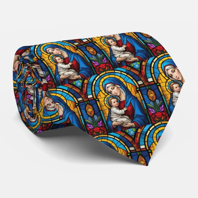 Mother Mary and Baby Jesus Christian Stained Glass Tie (Rolled)