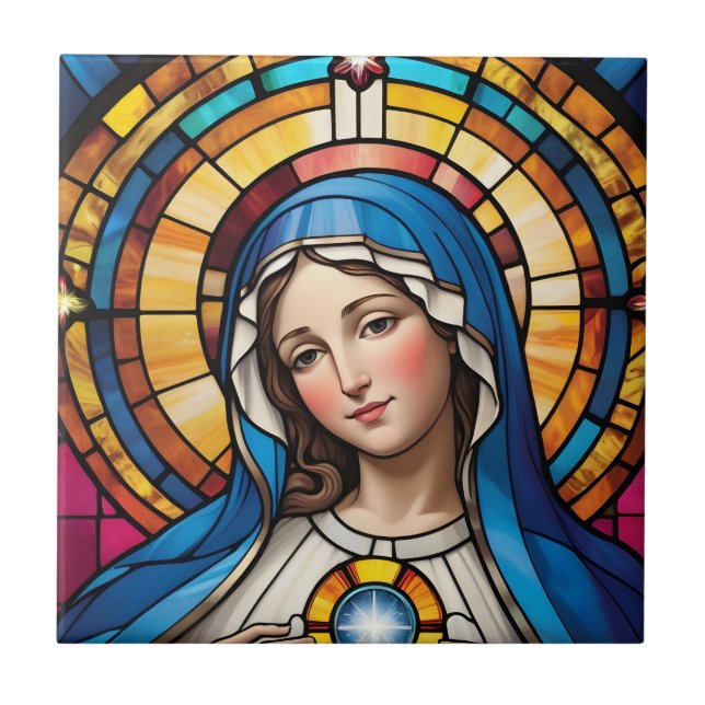 Mother Mary Colourful Stained Glass Virgin Mary Tile (Front)