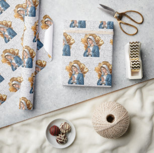 Mother Mary Gold Floral Halo Catholic Christian Wrapping Paper