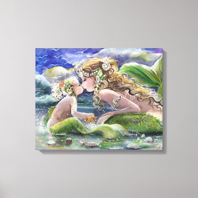 Mother Mermaid and child in Green Canvas Print (Front)