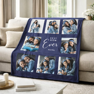 Mother mum photo collage navy blue fleece blanket