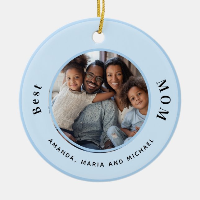 Mother mum photo light blue names ceramic tree decoration (Front)