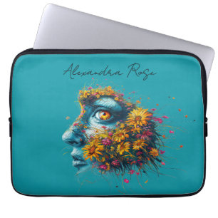 Mother Nature Goddess Blue Floral Portrait Name Laptop Sleeve