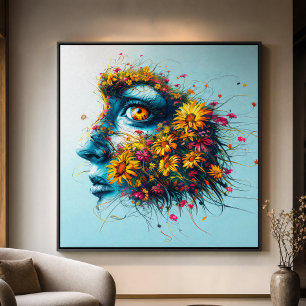 Mother Nature Teal Woman Face Colourful Wildflower Canvas Print