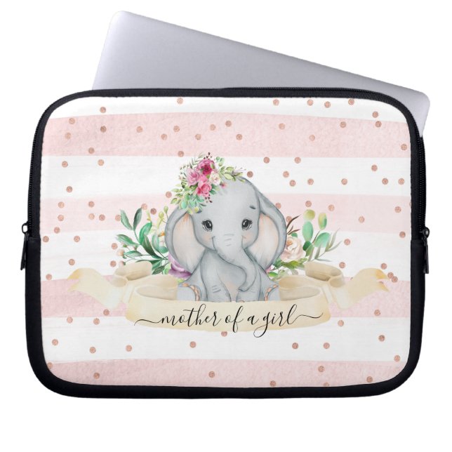 Mother of a Girl - Baby Elephant and Flowers  Laptop Sleeve (Front)
