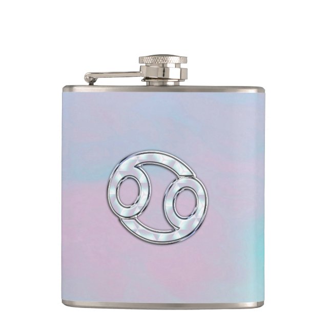 Mother of Pearl Cancer Zodiac Symbol Decor Hip Flask (Front)