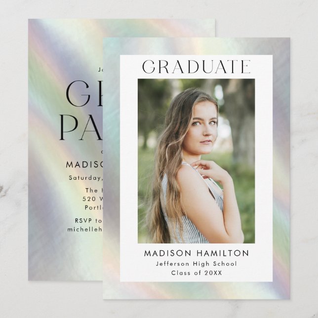 Mother of Pearl Holographic Photo Graduation Party Invitation (Front/Back)