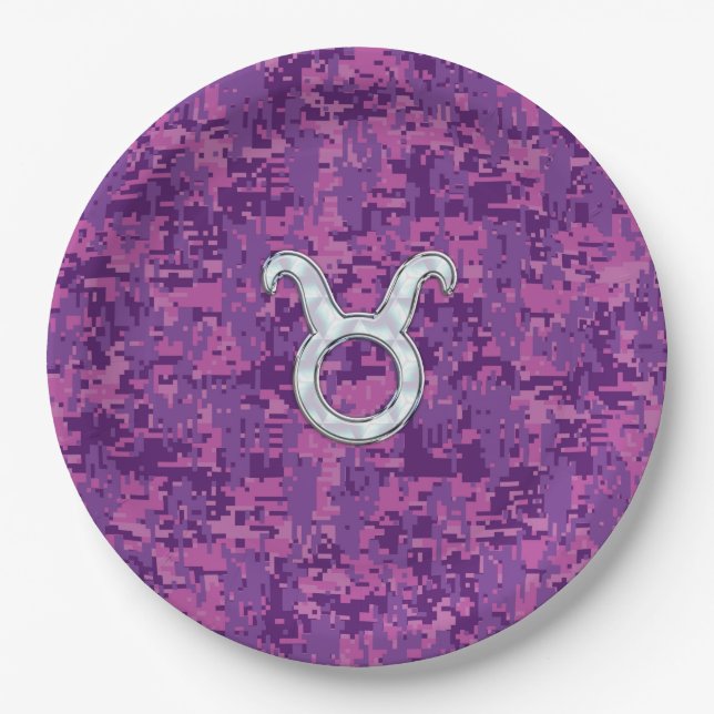 Mother of Pearl Like Taurus Symbol on Digital Camo Paper Plate (Front)
