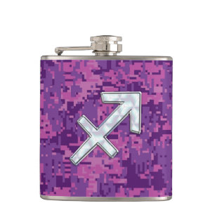 Mother of Pearl Sagittarius Symbol Fuchsia Camo Hip Flask