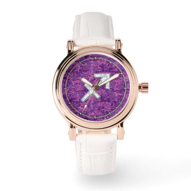 Mother of Pearl Sagittarius Symbol Fuchsia Camo Watch (Front)