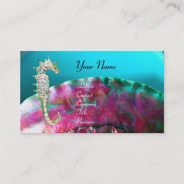 MOTHER OF PEARL & SEAHORSE MONOGRAM pink fuchsia Business Card (Front)